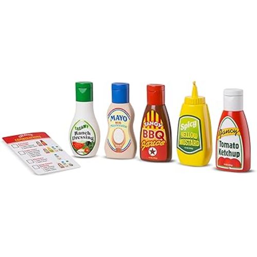 Melissa & Doug 5-Piece Favorite Condiments Play Food Set Play Ketchup and Mustard Bottles, Pretend Food Set For Kids Ages 3+