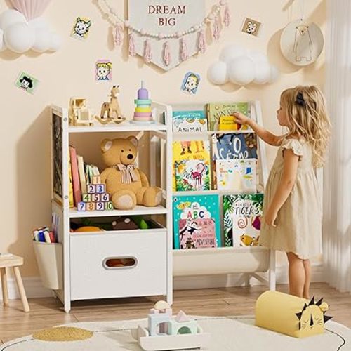 Kids Bookshelf and Toy Storage Organizer - 3 Tier Book Shelf for Kids Rooms, Kids Bookcase with Toy Box and Blackboard, Toddler Baby Childrens Bookshelf, for Bedroom Playroom Nursery Classroom (White)