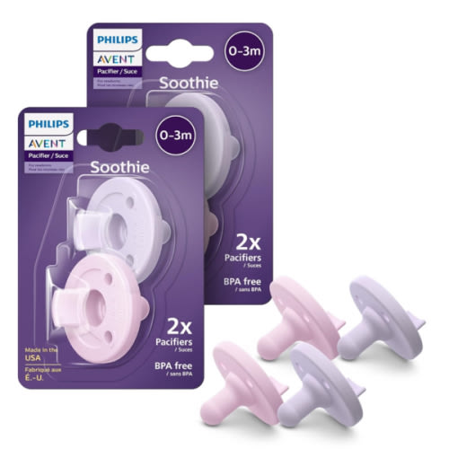Philips Avent Soothie Orthodontic Baby Pacifiers, 100% Silicone Pacifiers, One Piece, BPA-Free, for Babies 0-3 Months, 2 Lilac and 2 Pink, 4 Pack, Model SCF190/70
