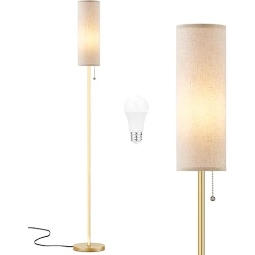 Ambimall Floor Lamp for Living Room with 3 Color Temperatures Bulb, 64" Standing lamp with Linen lampshade for Bedroom, Minimalist Pole Lamp, Beige Shade & Gold Pole