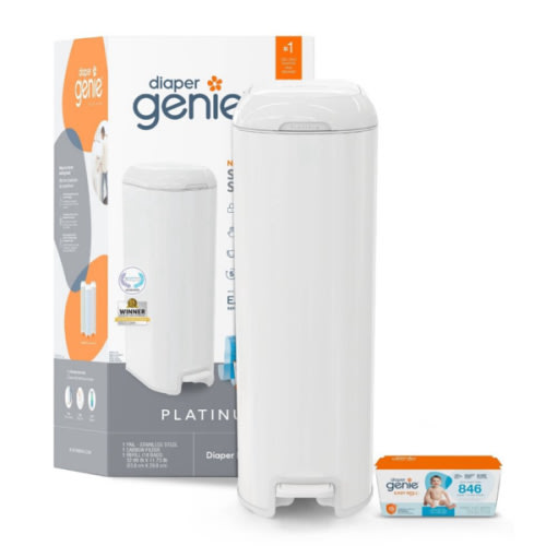 Diaper Genie Platinum Pail Gift Set, Lily White, Made of Durable Stainless Steel and Includes 2 Easy Roll Refills with 18 Bags and 30 Bags