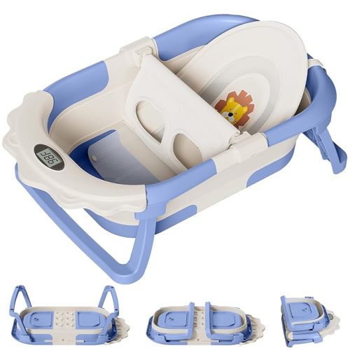 TPN 4-in-1 Grow-with-Me Collapsible Baby Bathtub, Baby Tub for Newborns to Toddler with Soft Floating Cushion & Thermometer, Portable Baby Bath Tub, Infant Bathtub for Bath Support in Tub,Blue