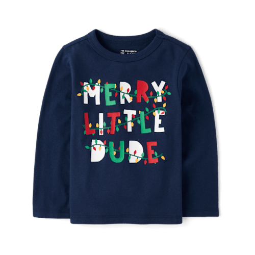 Baby And Toddler Boys Long Sleeve Merry Little Dude Graphic Tee - BLUE | The Children's Place