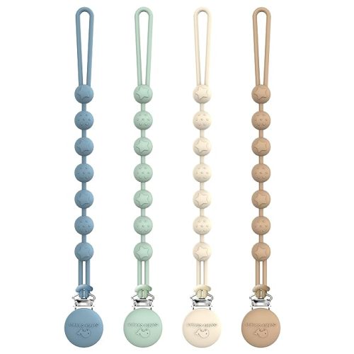 Cuddle Campus Silicone Pacifier Clip Holder with One Piece Design, Pack of 4 Soft Flexible Binky Clips with Texture for Baby Boy and Girl - Neutral - 6m+ Round