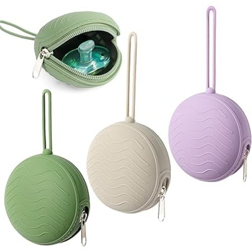 3 Pack Silicone Pacifier Holder Case, BPA-Free Pacifier Cover Pouch for Baby, Portable Pacifier Storage Container for Diaper Bag Stroller, Travel Outdoor Activities, Easy to Clean (Green,Grey,Purple)