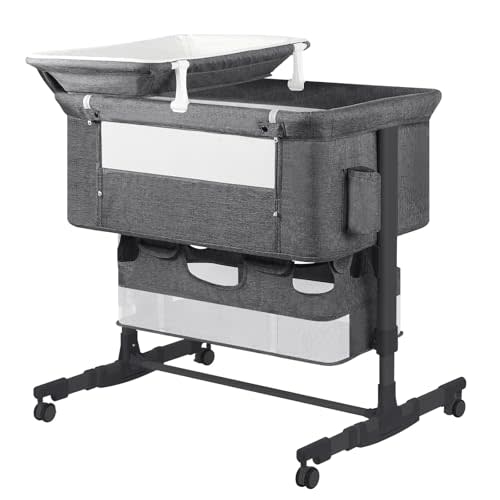 UNISWAN Baby Bassinet Bedside Sleeper with Diaper Changing Station + Mosquito Net + 16gallon Capacity Storage, Adjustable & Portable Bassinet Cosleeping Baby Bed (Black Grey)