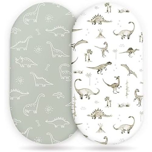 Stretch Ultra Soft Fitted Bassinet Sheet Set 2 Pack, Universal Fit for Bassinets Baby Cradle Moses Basket Oval Rectangle Mattress Safe and Snug, Dinosaur
