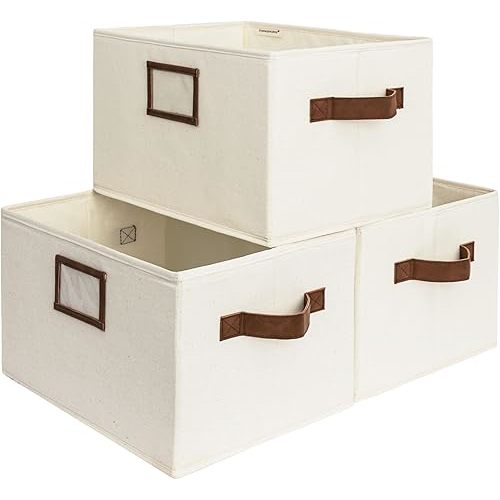StorageWorks Storage Baskets for Shelves, Foldable Fabric Closet Storage Bins with PU Handles, Fabric Storage Bins Clothes Organizer, Ivory White, 3-Pack, Medium