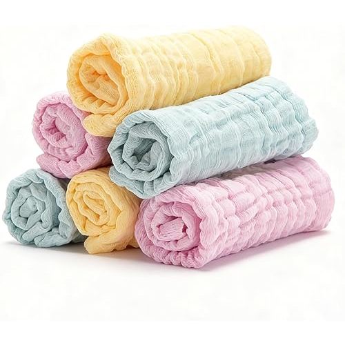 Organic Muslin Baby Washcloths 6 Pack Baby Bath Face Towel 12x12 Inch Extra Absorbent and Soft Burp Cloth and Wash Cloths for Newborn-Infants On Sensitive Skin (Yellow Green Pink)