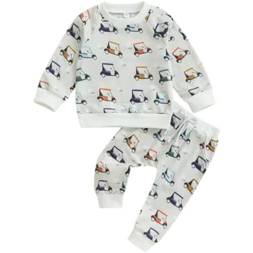 Toddler Baby Boy Golf Outfit Golf Cart Print Sweatshirt Top Jogger Pants Set 2Pcs Boys Fall Winter Clothes