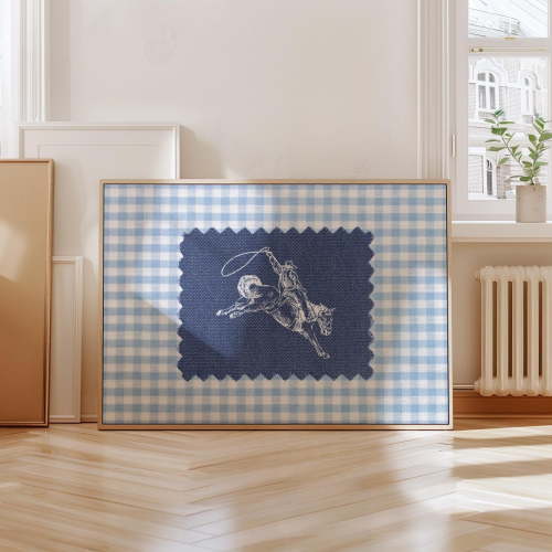 Vintage Striped Cowboy Rodeo Print, Baby Blue Gingham Plaid Poster, Western Wall Decor For Nursery, Bedroom, Or Kids Room, UNFRAMED