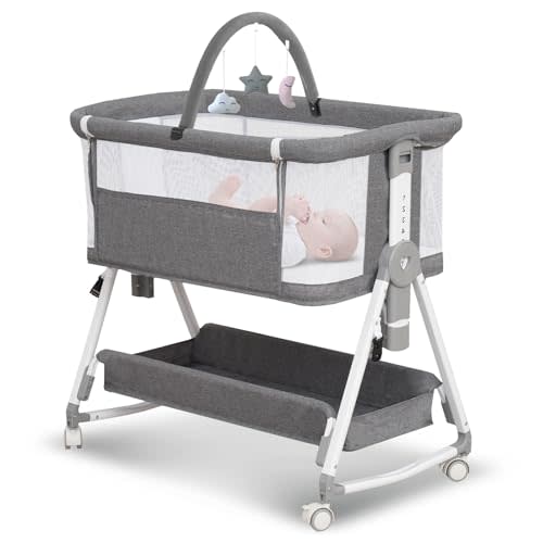 Baby Bassinet,3 in 1 Bedside Bassinet for Baby with Hanging Toys,Foldable Baby Bassinets Bedside Sleeper,4-Sided Mesh Bedside Crib with Wheels and Storage Basket,6 Height Adjustable (Light Grey)