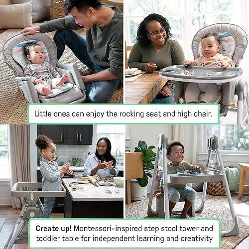 Ingenuity Proper Positioner Create Up Baby High Chair, 9 Modes of Use, Toddler Tower, Table and Chair, Foldable, Adjustable Footrest, 90 Degree Posture Aids Digestion, Ages 0-5 Years - Soulful Skies