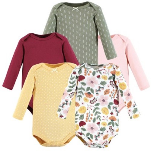 Hudson Baby Infant Girl Cotton Long-Sleeve Bodysuits, Fall Botanical 5-Pack, Size: 0-3 months