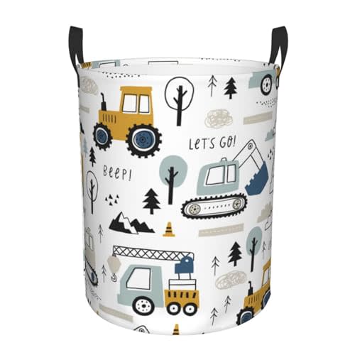 Cartoon Excavator Tractors Laundry Basket Circular Laundry Hamper with Handles Waterproof Oxford Fabric Foldable Storage Organizer Basket Gift Tote Bag for Bedroom Bathroom Dorm Living Room Nursery