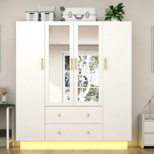 Blotout Armario de 70" con Espejo, Armario LED con 2 Cajones, Armario de Madera con 4 Puertas con Varillas para Colgar y Estantes Multicapa