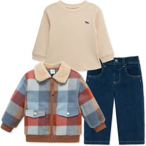 3-Piece Plaid Bomber Jacket, Shirt & Jeans Set, 12M