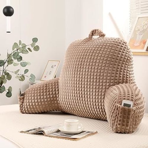 Reading Pillow for Bed, Large Backrest Reading Pillow with Arm Rest,Back Rest Support Cushion for Sit Up on Couch, Sofa, and Floor (Khaki Flannel, Standard(17inch))
