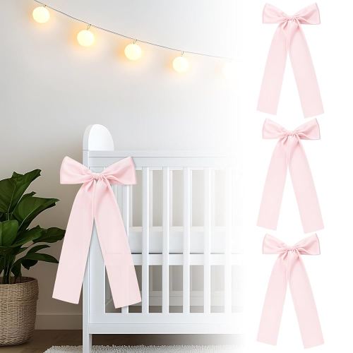 4 Pcs Pink Crib Bows Ribbon 3.5" x 57" Coquette Large Double Layer Satin Silk Ribbon Baby Crib Bedding Bow Decor for Nursery Baby Shower Curtain Sash Tie Backs Decor