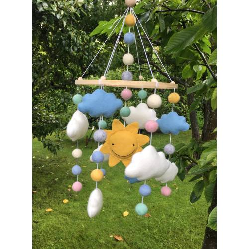 Pastel crib mobile, neutral mobile for nursery, sun and cloud mobile, pastel nursery decoration, felt sun crib mobile, boy, girl nursery