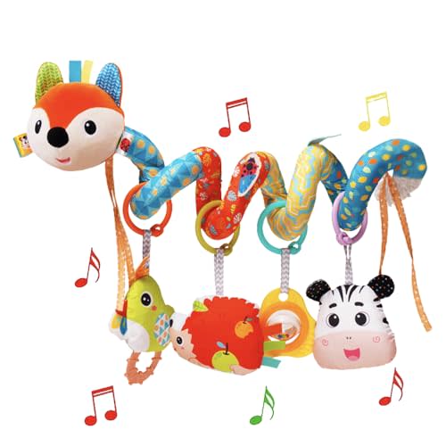 Baby Car Seat Toys, Baby Toys 0-6 Months Infants Activity Spiral Plush Toys Hanging Stroller Toys Gift for Baby Boys and Girls 0 3 6 12 Months Newborn Sensory Toys with Rattles Squeaker Music - Fox