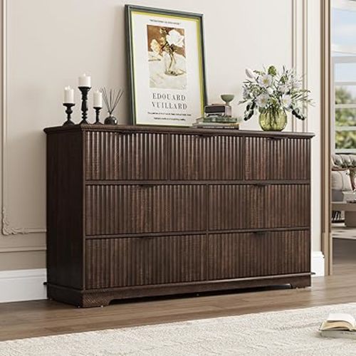Fluted 7 Drawers Dresser for Bedroom, 55" Wood Dresser with Power Outlet and Deep Drawers, Wide Chest of Drawers, Modern Closet Dressers for Bedroom, Living Room, Nursery, Brown