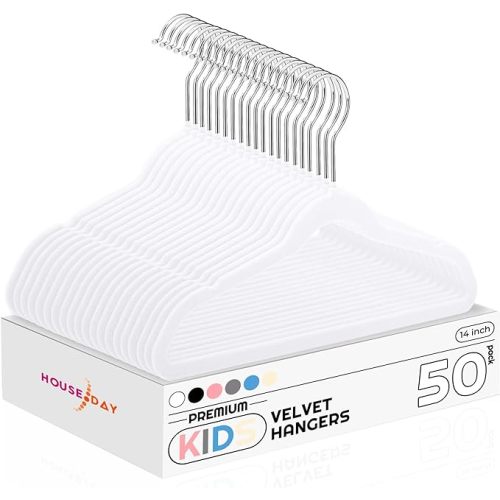 HOUSE DAY 14 Inch Kids Velvet Hangers 50 Pack, Durable Big Kids Hangers for Youth,Teen, Non Slip Kid Felt Hanger, Cute Childrens Hanger for Closet, White