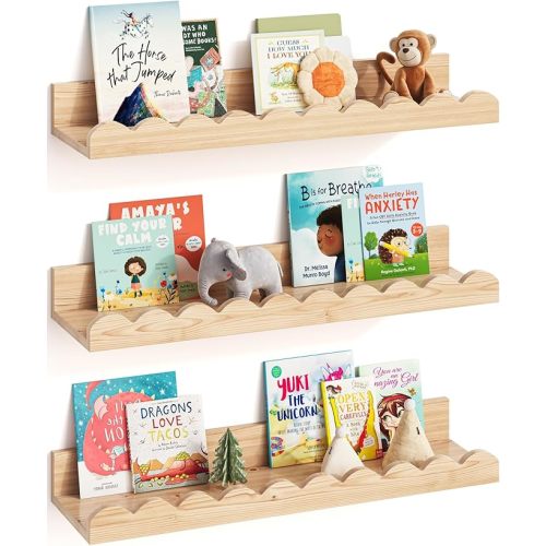 G&W Gruwald Nursery Book Shelves, Set of 3, Nursery Decor for Baby and Toddler, Scalloped Shelves, Book Shelf for Kids Rooms, Wall Book Shelf for Bedroom Kids, Floating Shelf for Wall