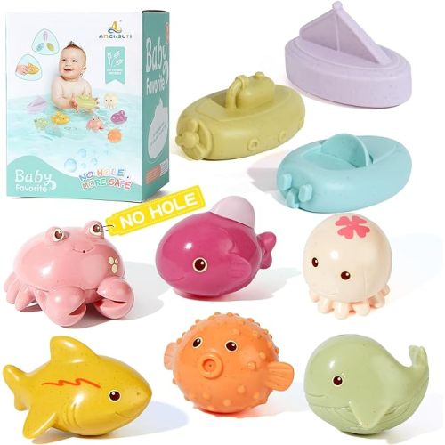 No Hole Bath Toys - 9 PCS Animal and Floating Boats Bath Toys for Babies 6-12 Months, Baby Bathtub Pool Shower Toys Presents for Toddlers Infants Girls Boys