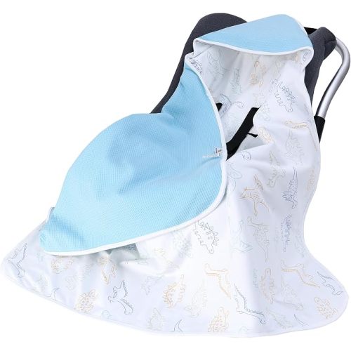 Miracle Baby Car Seat Blanket, Double-Layered Waffle Swaddle, 90 x 90 cm, All Seasons (Blue + Dinosaur, Four Seasons)