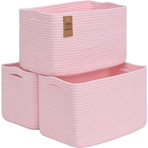 Woven Storage Baskets, Pink Baskets for Organizing, 3 Pack Woven Basket for Storage, Storage Baskets for Shelf, Towel, Toy, Book, Closet, Baby 15"×10"×9"