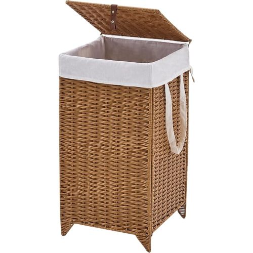 Handwoven Laundry Hamper with Lid, Natural Hyacinth Heightened Feet Laundry Basket, Wicker Clothes Hamper with Removable Liner Bag (Wicker, 65L)