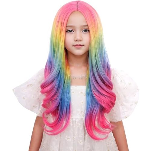 Child Rainbow Wig Kids Long Rainbow Middle Part Wig Girls Colorful Wavy Curly Wig Heat Resistant Synthetic Wig with Wig Cap