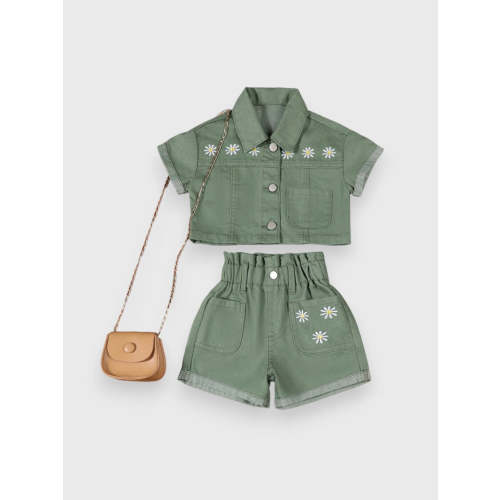 2 Pc Daisy Emb Denim Shorts Set