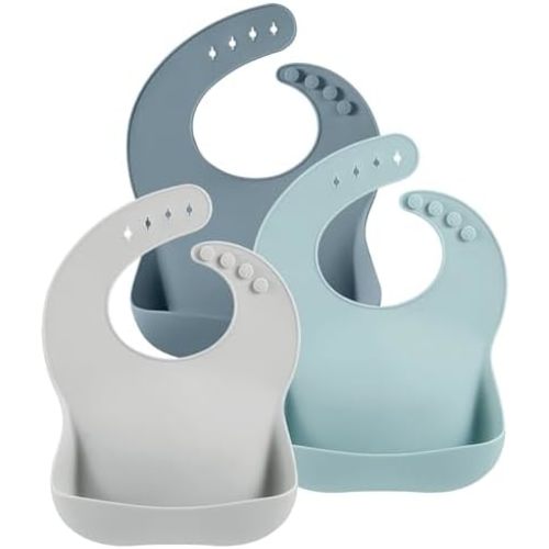 PandaEar 3 Pack Cute Silicone Baby Bibs for Babies & Toddlers (10-72 Months)| Waterproof Baby Feeding Bibs Adjustable with Wide Food Catcher Pocket, Soft, Unisex, Non Messy