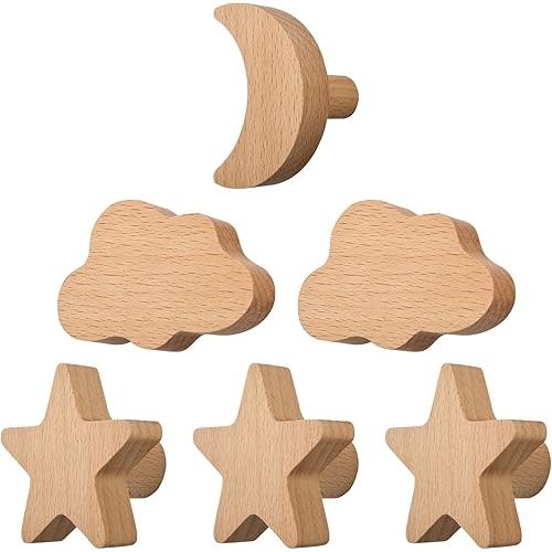 MOROBOR 6pcs Cloud Moon Star Shape Wooden Wall Hooks