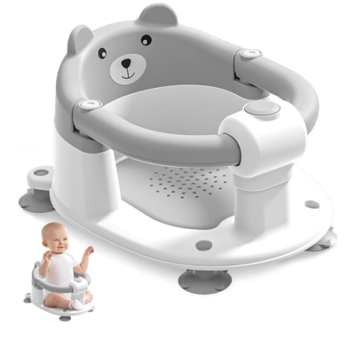 Baby Bath Seat for Babies 6 Months & up, Non-Slip Toddler Bath Seats for Babies Sitting Up, Safe Infant & Newborn Bathtub Chair with 4 Suction Cups & Soft Cushion for Shower,Gray