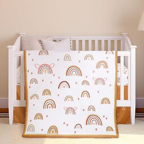 Ganeen 3 Pieces Boho Rainbow Crib Bedding Set for Girls or Boys, Standard Size Boho Neutral Baby Bedding Sets with Baby Comforter, Crib Sheet and Skirt, Soft and Safe