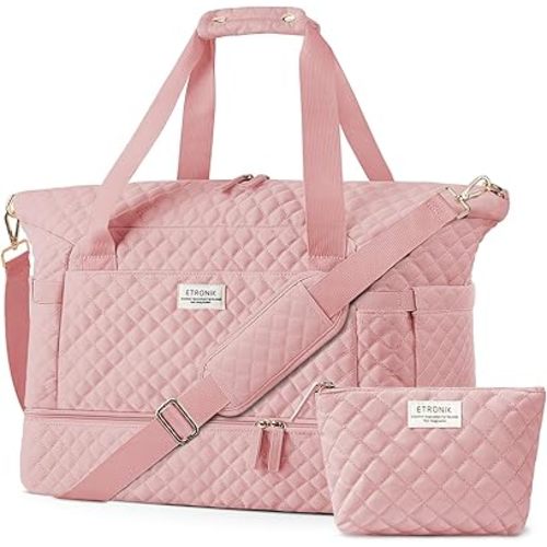 ETRONIK Travel Bag for Women, Gym Duffel Bag with USB Charging Port, Weekender Overnight Bag with Wet Pocket and Shoes Compartment for Women Travel Gym Daily Use (Pink)