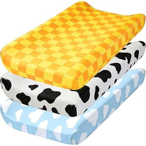 3 Pack Baby Changing Pad Cover for Boys Girls Blue Sky and White Cloud Cow Print Nursery Diaper Change Table Sheets Fitted 32''x16'' Changing Table Pad Bassinet Mattress
