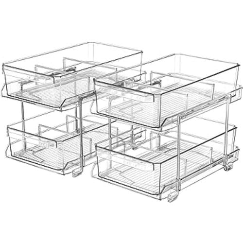 2 Set, 2 Tier Clear Organizer with Dividers for Cabinet / Counter, MultiUse Slide-Out Storage Container - Kitchen, Pantry, Medicine Storage Bins, Bathroom, Vanity Makeup, Under Sink Organizing
