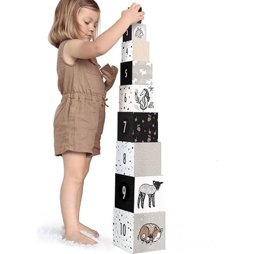 Wee Gallery Nesting Blocks - Featuring Baby Animal Images and Numbers - Black and White Stacking and Building Toy for Toddlers and Kids - Motor Skills, Creative Play for Children (Ages 2 and up)