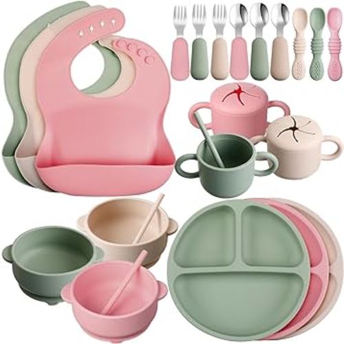 24 Pack Silicone Baby Feeding Set Baby Led Weaning Supplies Includes Suction Divided Plates Soft Bowl Spoons Forks Adjustable Bib Snack Cup and Straws for Baby (Dark Green, Beige, Light Pink)