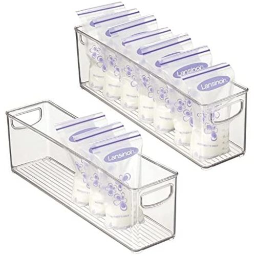 mDesign Plastic Long Stackable Storage Organizer Container, Organization Bin with Handles for Kitchen, Pantry, Fridge, Freezer, Cabinet. Perfect to Hold Breast Milk in the Refrigerator - 2 Pack, Clear