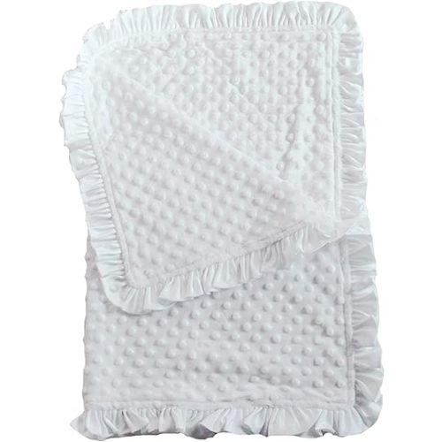 White Minky Dot & Satin Ruffle Newborn Baby Christening Baptism Blanket - Small 30" x 40"