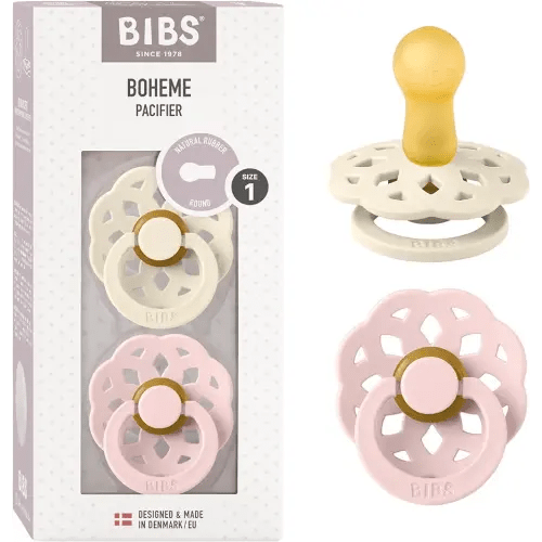 BIBS Pacifiers - Boheme Collection | BPA-Free Baby Pacifier | Made in Denmark | Set of 2 Ivory/Blossom Color Premium Soothers | Size 0-6 Months