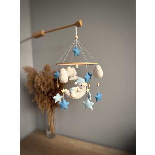 Personalized Boucle bear in moon mobile Baby Nursery Mobile, Neutral Mobile, Clouds Mobile,baby boy mobile,Mom Gift Postpartum, blue Mobile
