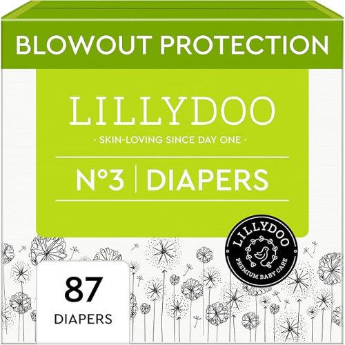 LILLYDOO Baby Diapers - Size 3 (13-22 lbs), Half-Monthly Supply (87 Count), Leak Protection, Skin-Friendly, Ultrasoft, Perfume- & Chlorine-Free, Hypoallergenic, Dermatologist Tested, Oeko-TEX®