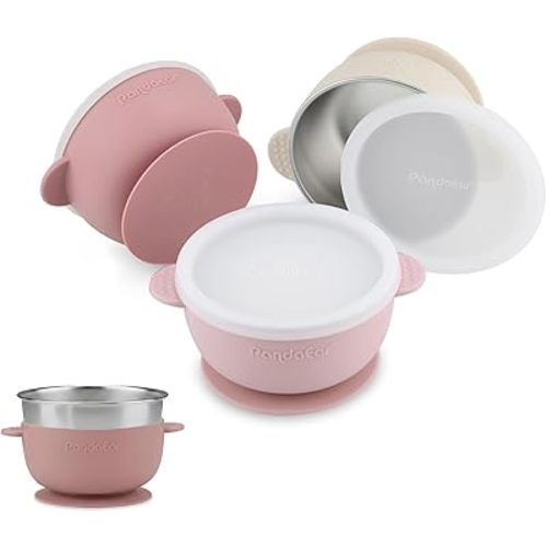 PandaEar 3 Pack Stainless Steel Baby Suction Bowls with Lid, Non-Slip Child Food Bowl with Silicone Sleeve for Kids Toddlers Infants, Unbreakable & Mess Free (Pink)