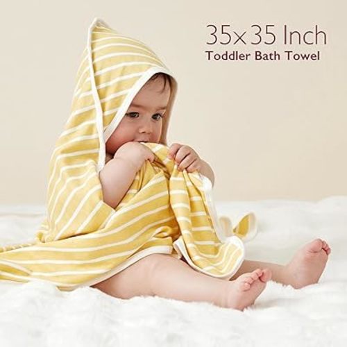 Momcozy Hooded Baby Towel, 2 Pack Baby Bath Towel Set with Large 35 X 35 Inch, Super Soft Cotton and Hooded Towel for Newborn, Toddler and Kid, Lemon Leaves